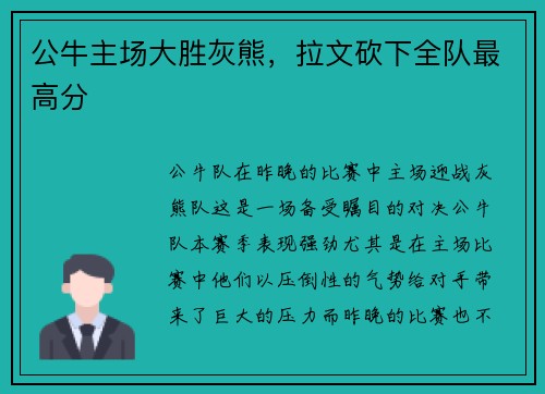 公牛主场大胜灰熊，拉文砍下全队最高分